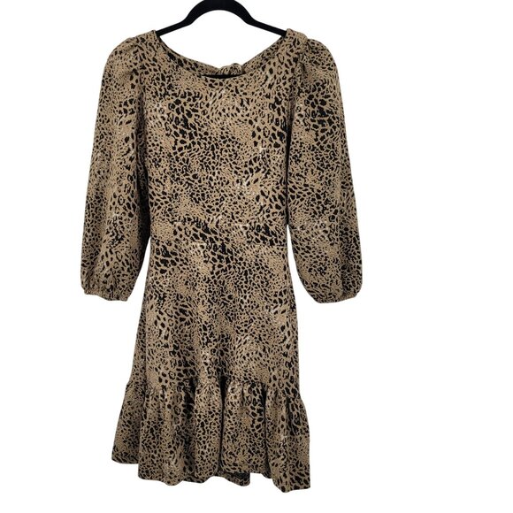 Anthropologie Leopard Cutout Back Mini Dress Sz 6 Puff Sleeves Ruffle Hem Knit - Picture 5 of 12